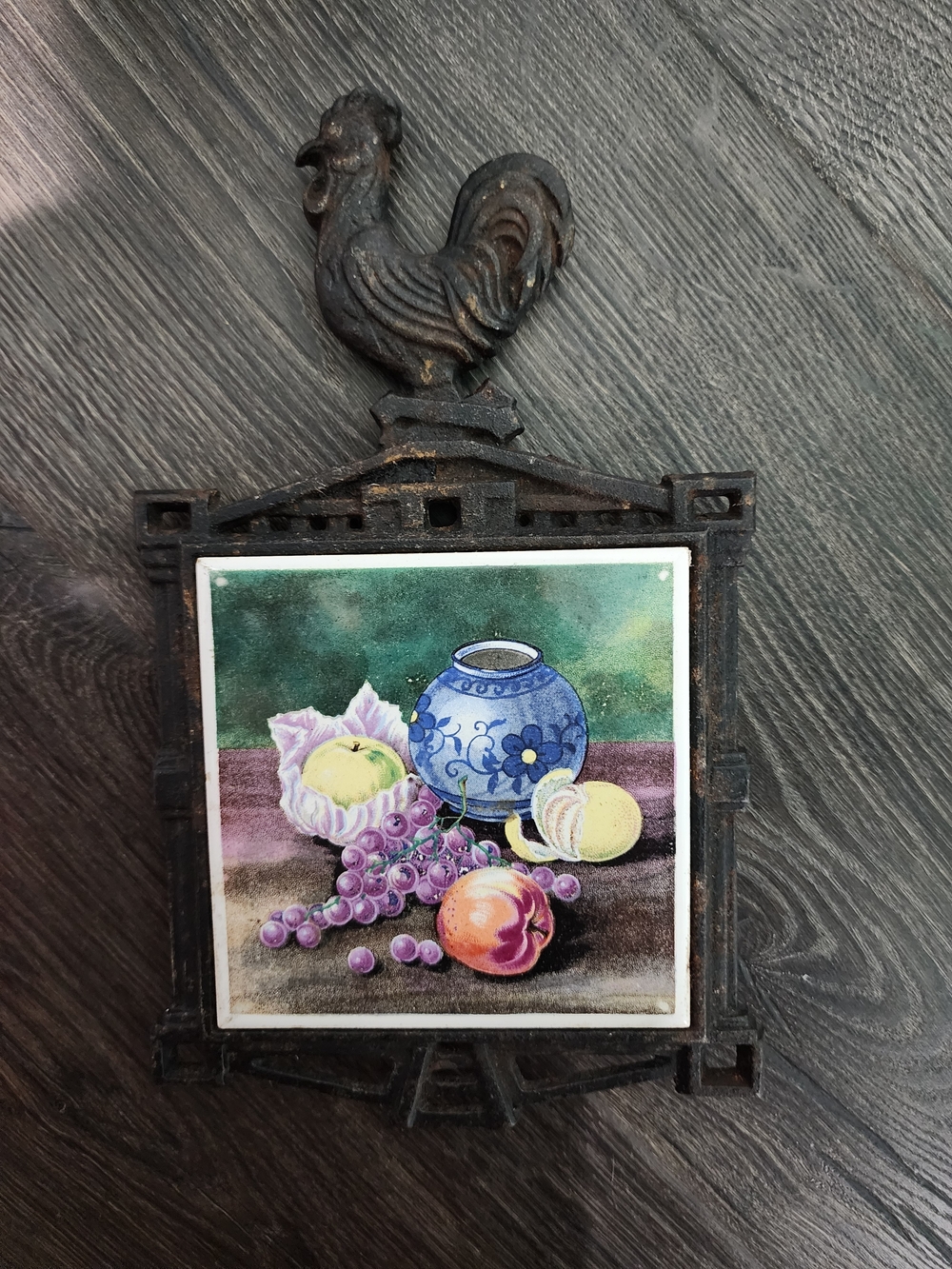 vintage Cast Iron ROOSTER Trivets with Tile Insert / JAPAN - 9"x5.5" - tile4.25"